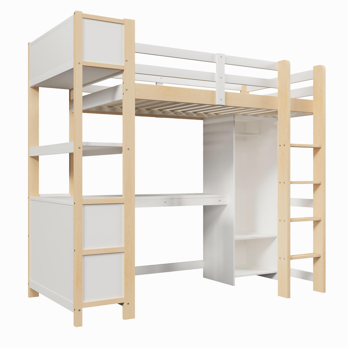 HOCHBETT 90x200 cm in Natur mit Schreibtisch, Regal und Kleiderschrank - Naturfarben, Holz (90/200cm) - IVMEU