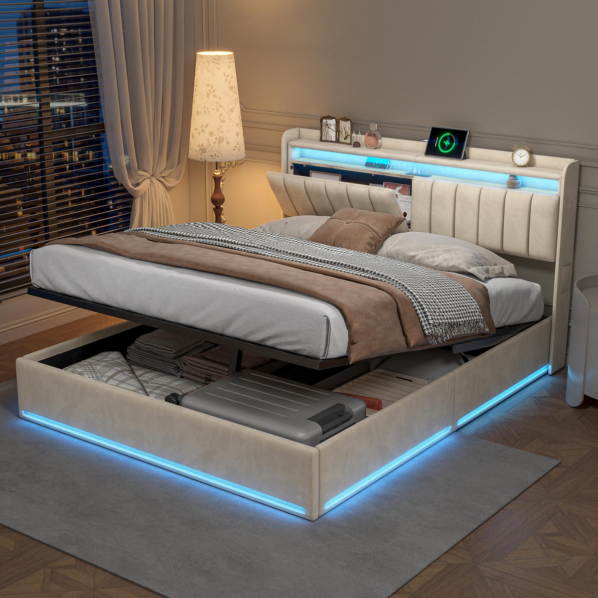 POLSTERBETT 160/200 mit LED-Leuchten, Stauraumkopfteil und USB-Ladeanschluss, modernes Schlafzimmerbett - Beige, Holz/Metall (160/200cm) - Joyfair