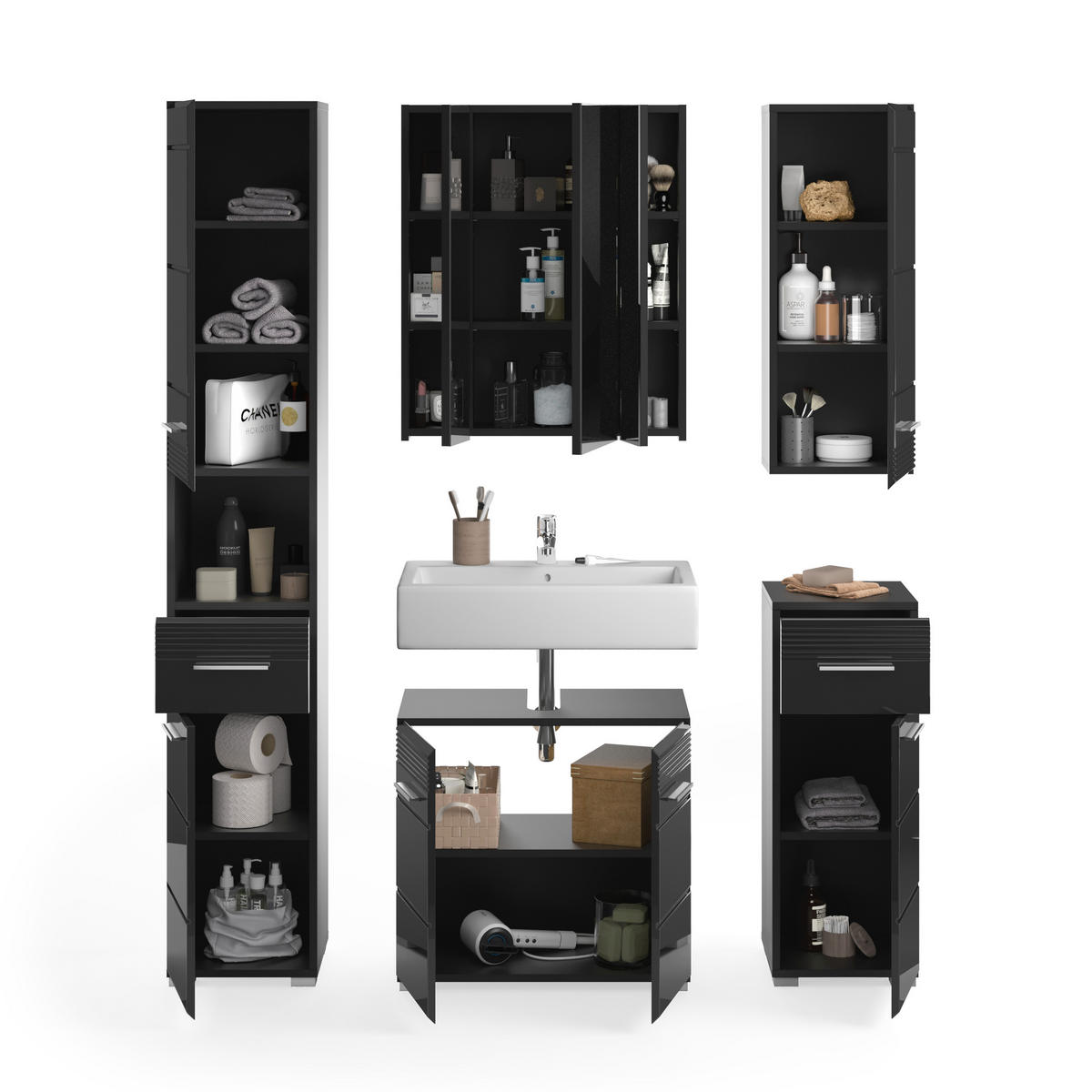 BADMÖBEL Set Linus 5tlg. Bad Kombination in Weiß o. Schwarz (B/H/T: 151x182x34 cm) - Schwarz, Holz (151/182/34cm)