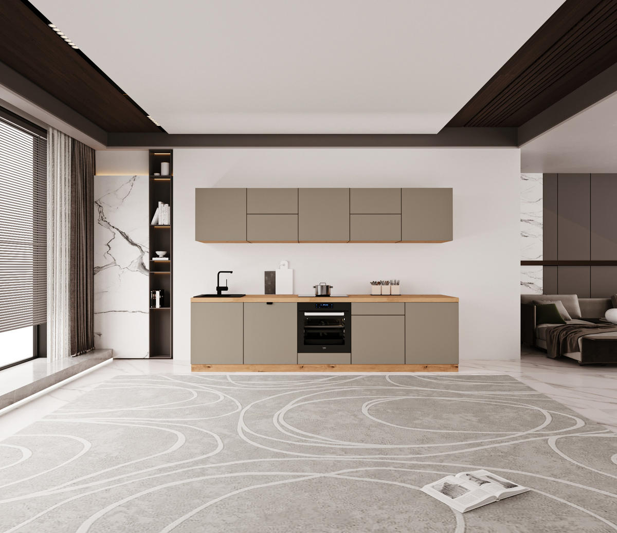KÜCHENZEILE 300 cm - Langen KL30-M300 - in Beige / Matt - Beige, Holz (300/212/52cm)