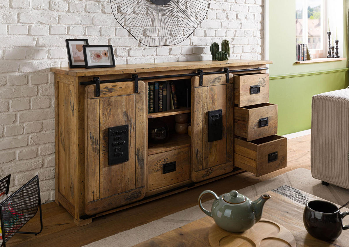 SIDEBOARD Mango 170x45x90 natur lackiert RAILWAY #193 - Braun, Holz (170/90/45cm) - Massivmoebel24