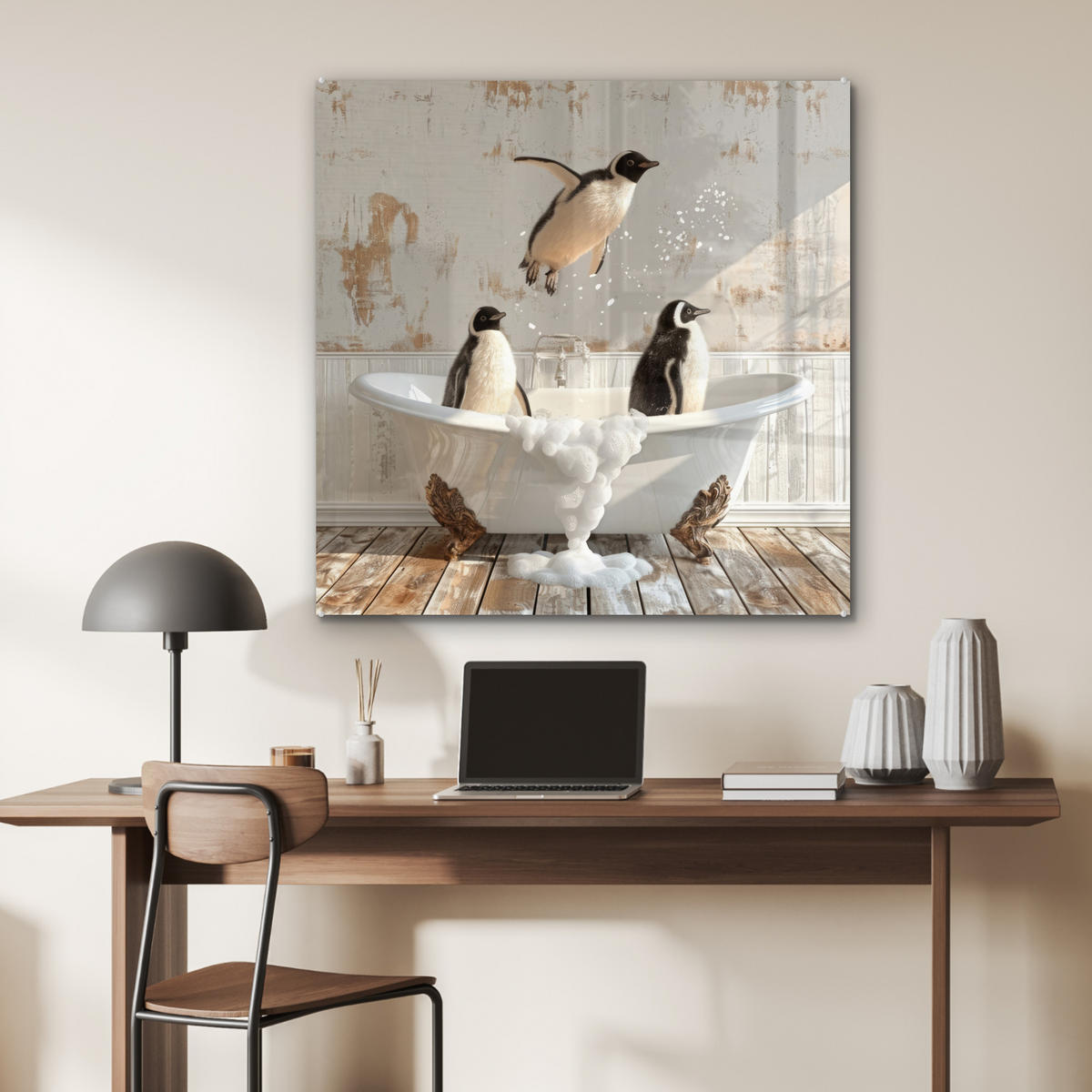 ACRYLGLASBILD Vintage - Pinguin - Badewanne - Schaumstoff 90x90 cm - Schwarz, Glas (90/90cm) - MuchoWow