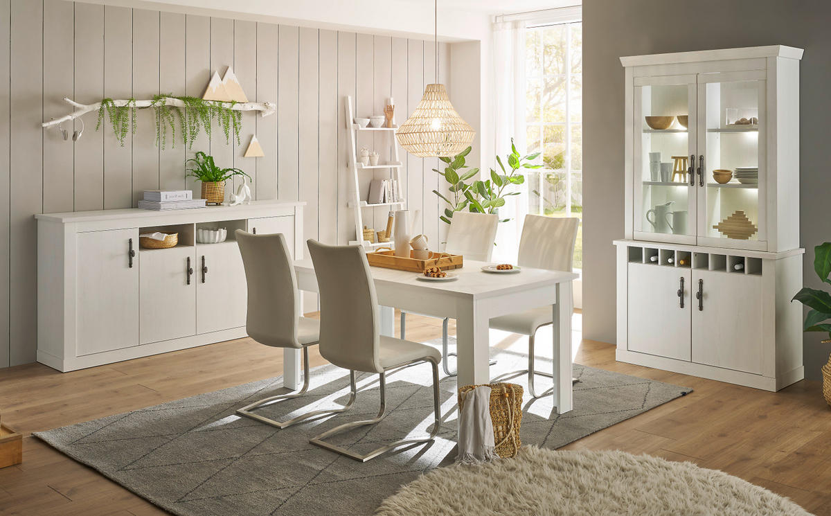 ESSZIMMER-SET weiß Pinie Landhaus, Speisezimmer 3-teilig, Soft-Close und Beleuchtung - Silberfarben/Weiß, Glas/Holzwerkstoff (201/207/90cm) - Furn.Design