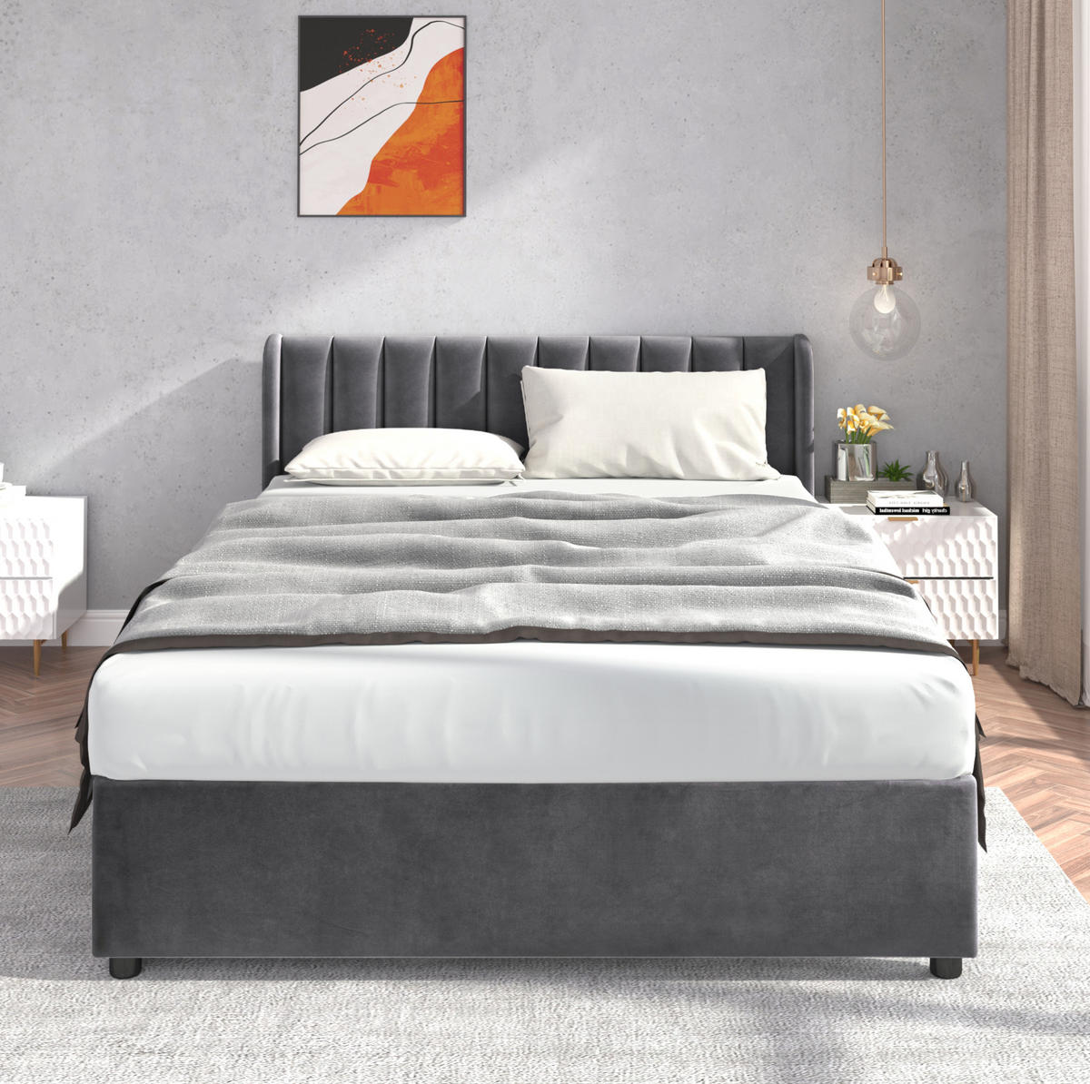 POLSTERBETT 160/200 cm mit 2 Schubladen, Lattenrost und hohem Kopfteil aus Samt, Grau - Grau, Textil (160/200cm) - Redom