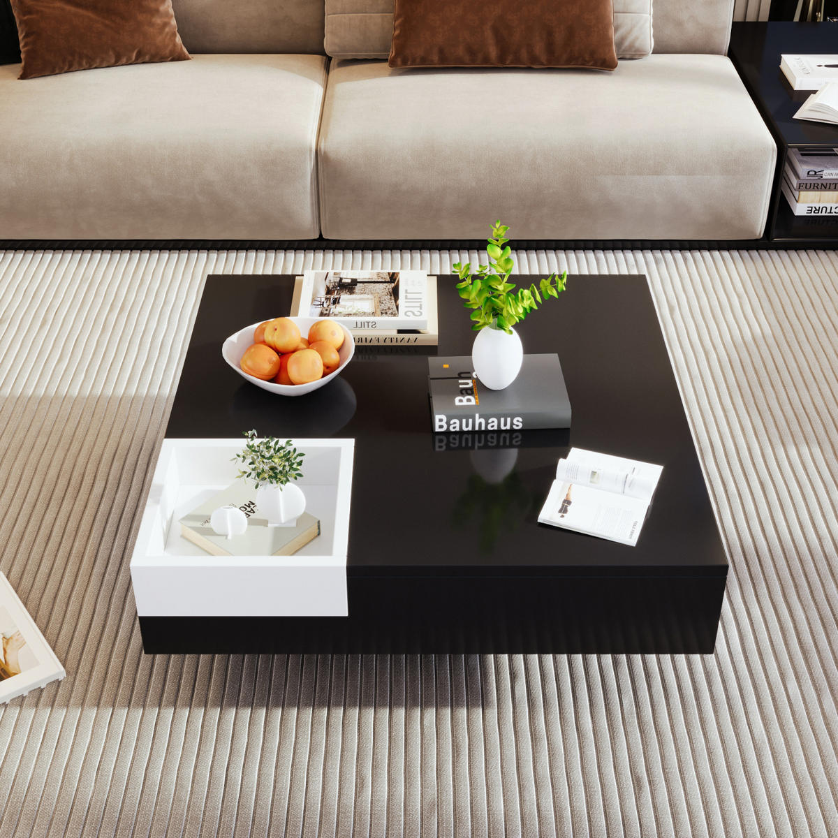 COUCHTISCH 72x72x30 cm Schwarz Hochglanz, LED, Abnehmbare Aufbewahrungsbox, Wohnzimmer - Schwarz, Holz (72/72/30cm) - PARAFTA HOME