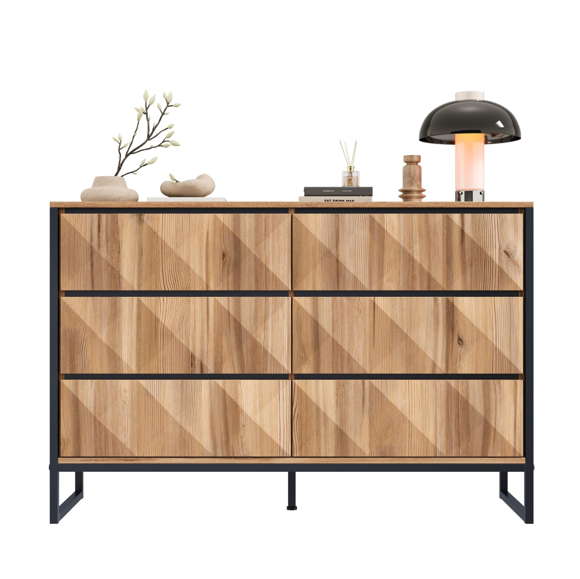 SIDEBOARD mit 6 Schubladen, Schwarz und Holz mit Metallgestell und verdeckten Griffleisten, 120/40/80 cm,Naturfarben - Naturfarben, Holzwerkstoff (120/80/40cm) - Redom