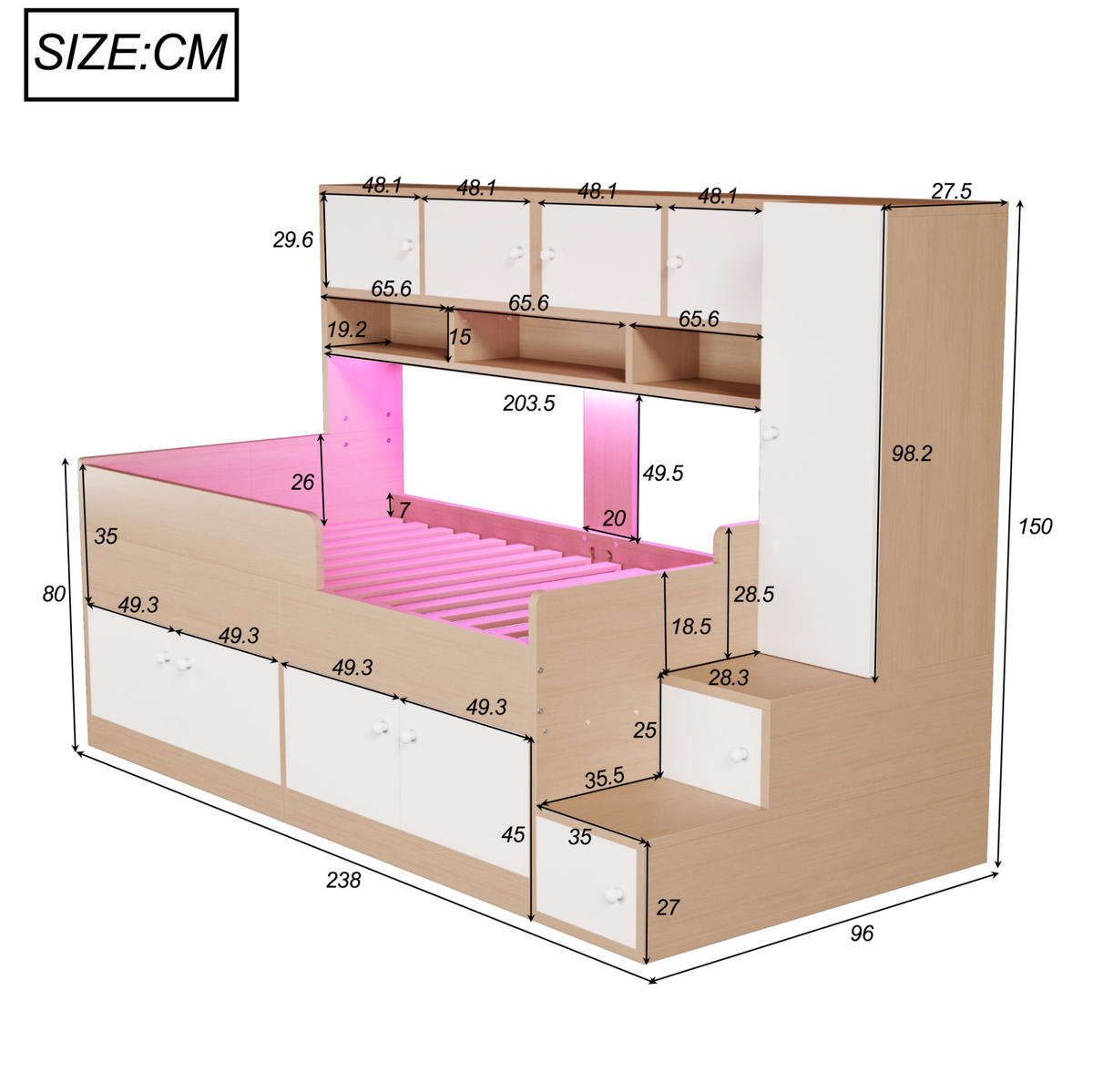 HOCHBETT 90/200 cm aus MDF mit Stauraum, Kleiderschrank, LED-Beleuchtung und Sicherheitsgeländer, farbe - Eichefarben, Holzwerkstoff (90/200cm) - Redom