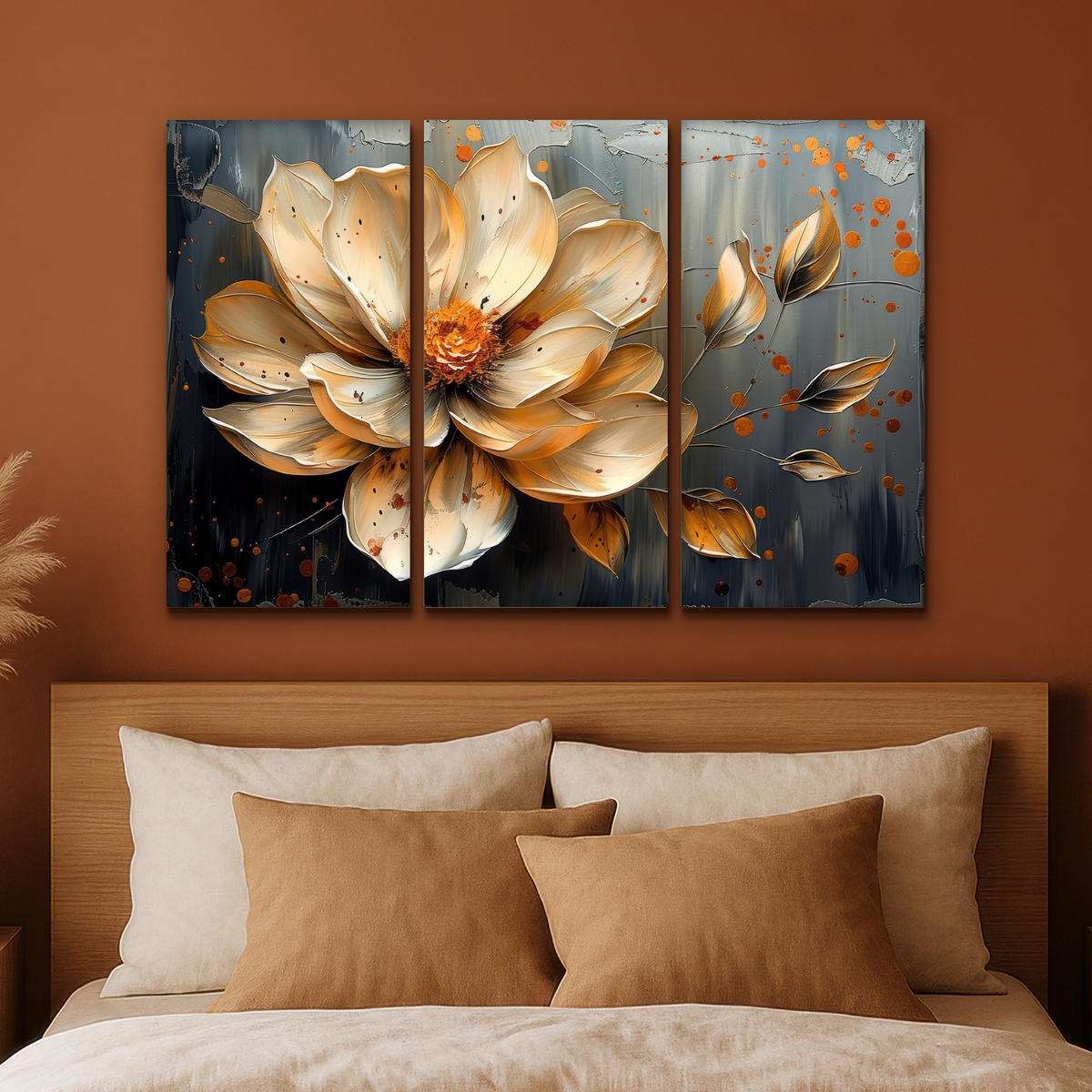 LEINWANDBILD 3er Set Blume - Gold - Abstrakt - Farbe 120x80 cm - Creme, Textil (120/80cm) - MuchoWow