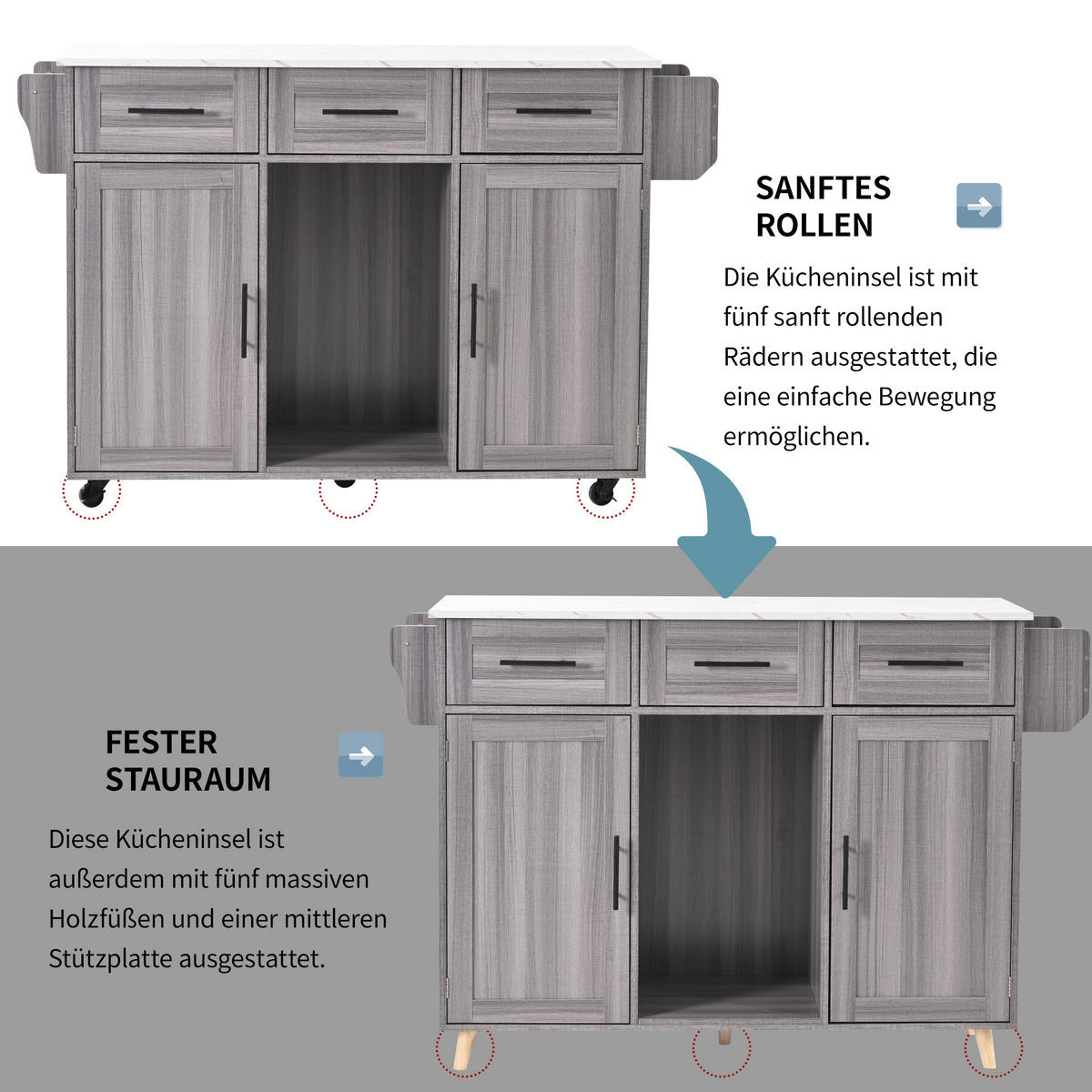 KÜCHENINSELWAGEN 139x71x91.5cm Grau mit Falttisch, Schubladen & Rollen - Grau, Holzwerkstoff (139/91.5/71cm) - Modfu