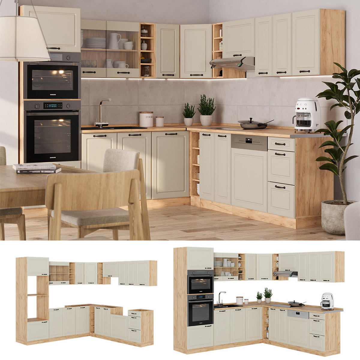 ECKKÜCHE R-Line, Sand Landhaus/Goldkraft Eiche, 247 x 237 cm - Honigeiche/Beige, Holzwerkstoff (247/206.8/60cm) - Vicco