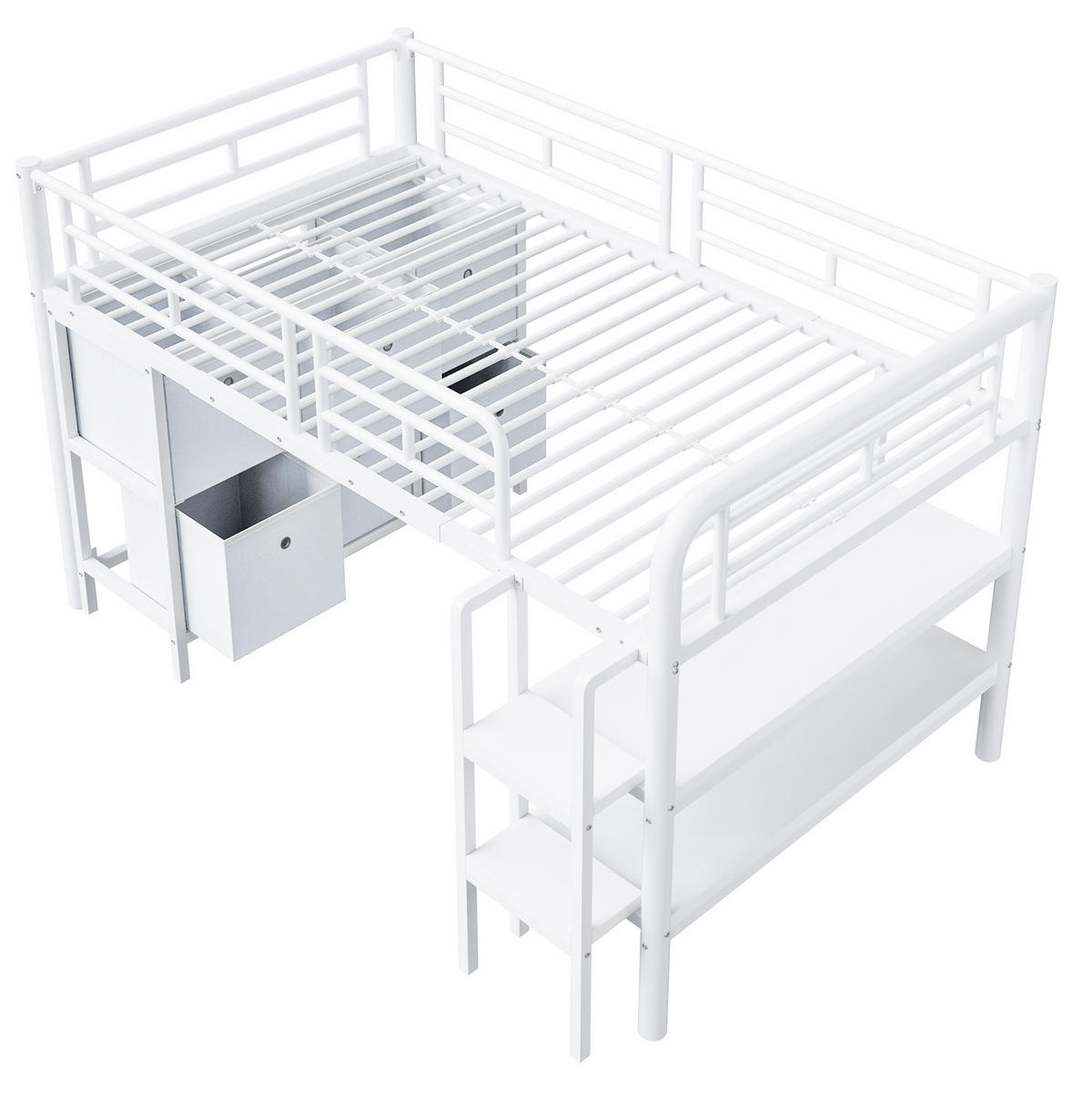 HOCHBETT 90/200 cm aus Metall mit Stauraum und breiter Treppe, Weiß - Weiß, Metall (90/200cm) - Flora Grace