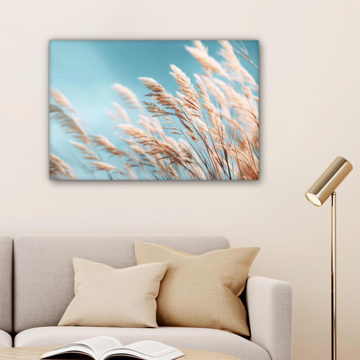 LEINWANDBILD Ziergras - Wind - Hellbraun Gemälde 60x40 cm - Hellblau, Textil (60/40cm) - MuchoWow