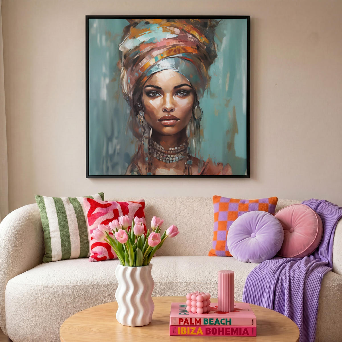 LEINWAND Bilder mit Rahmen - Frau - Kunst - Schmuck - Porträt - 90x90 - Blaugrau, Textil (90/90cm) - MuchoWow