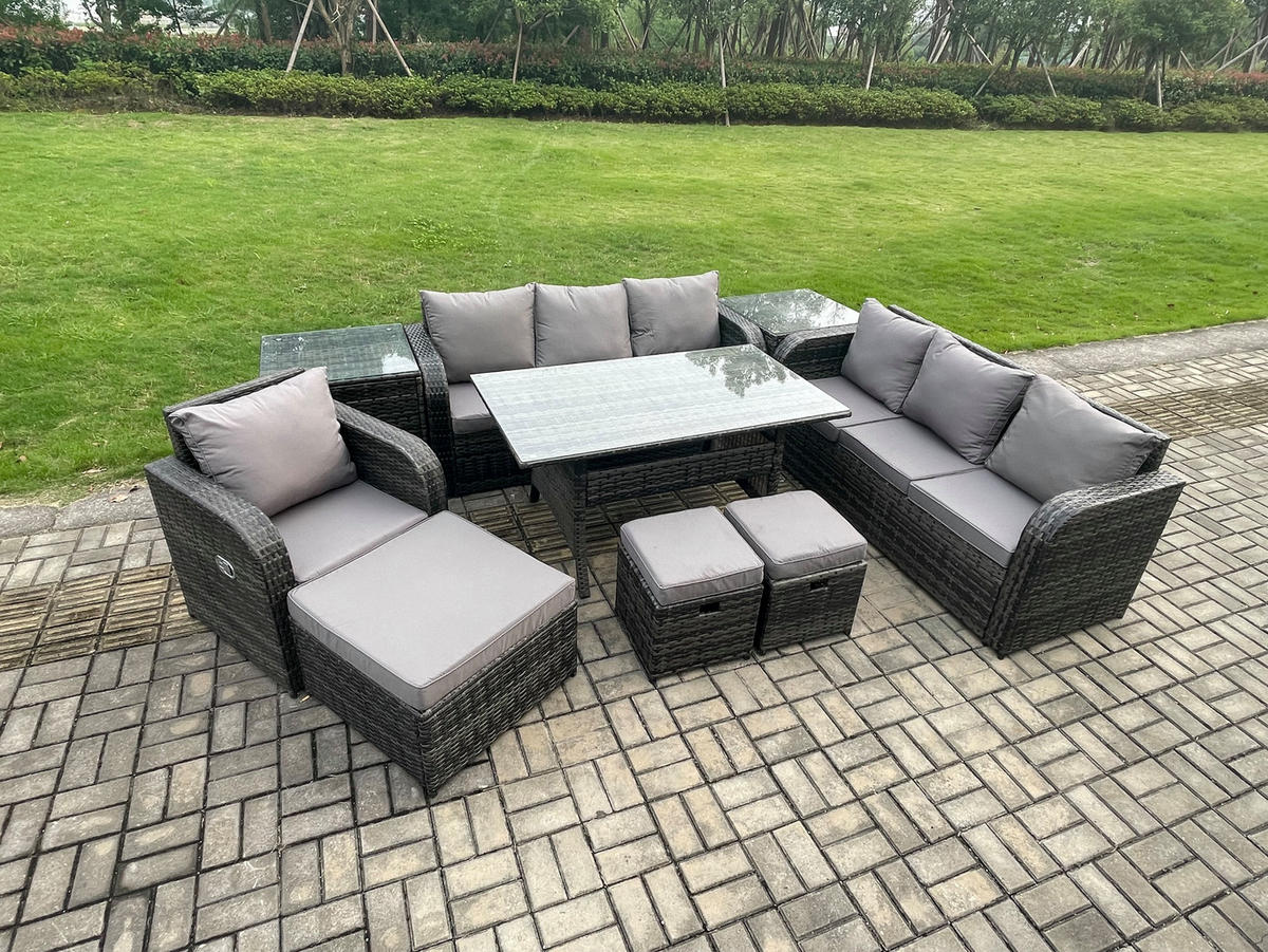 GARTENTISCHGRUPPE mit 2 Beistelltischen,3 Hocker Polyrattan Dunkelgrau 10-Sitzer - Dunkelgrau/Grau, Glas/Kunststoff - Fimous