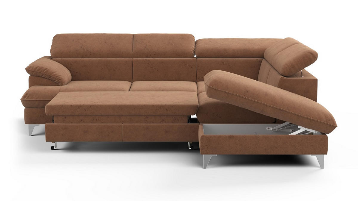 ECKSOFA mit Schlaffunktion und Bettkasten, verstellbare Kopfstützen - Chromfarben/Braun, Textil/Metall (208/256cm) - Cotta