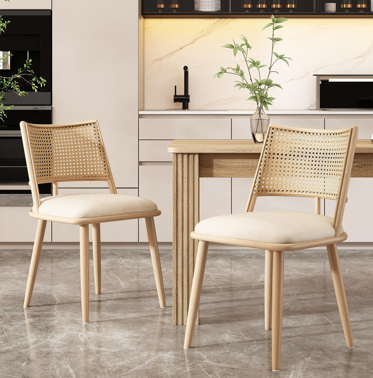ESSZIMMERSTÜHLE 4er-Set mit PU-Sitz und Rattan-Rückenlehne Beige - Beige, Holz (46/80/48.2cm) - Meubliv