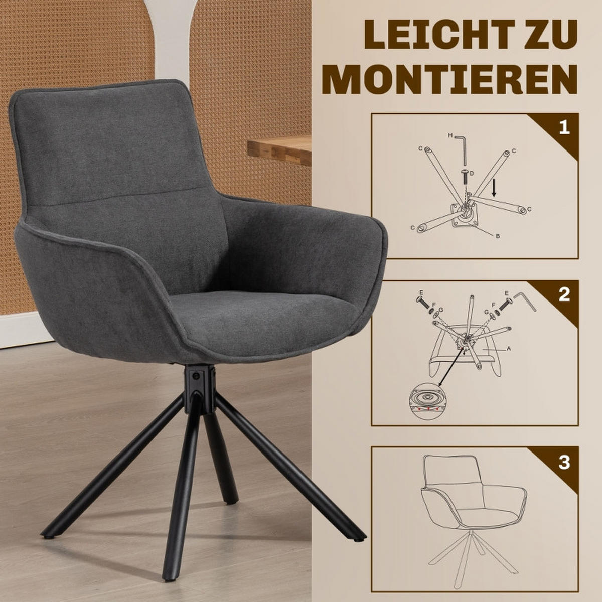 ARMLEHNSTUHL-SET DE-36056 2 Stück drehbar Dunkelgrau - Dunkelgrau, Metall (64/87/67cm) - ComfortXL