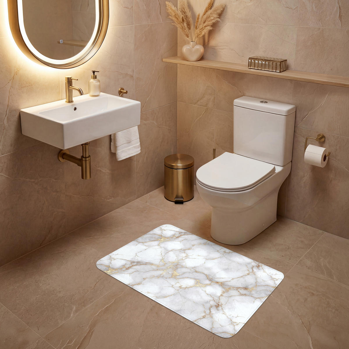 WC-VORLEGER Weiß - Gold - Marmor - Grau Toilettenteppich 80x50 cm - Weiß, Kunststoff/Textil (80/1cm) - OnlyWow