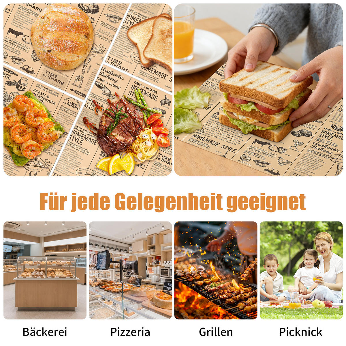 DELI Papier 100 Blatt 32x22 cm Burger Wrap Papier fettabweisend Pommes - Multicolor, Karton (32/0.2/22cm)