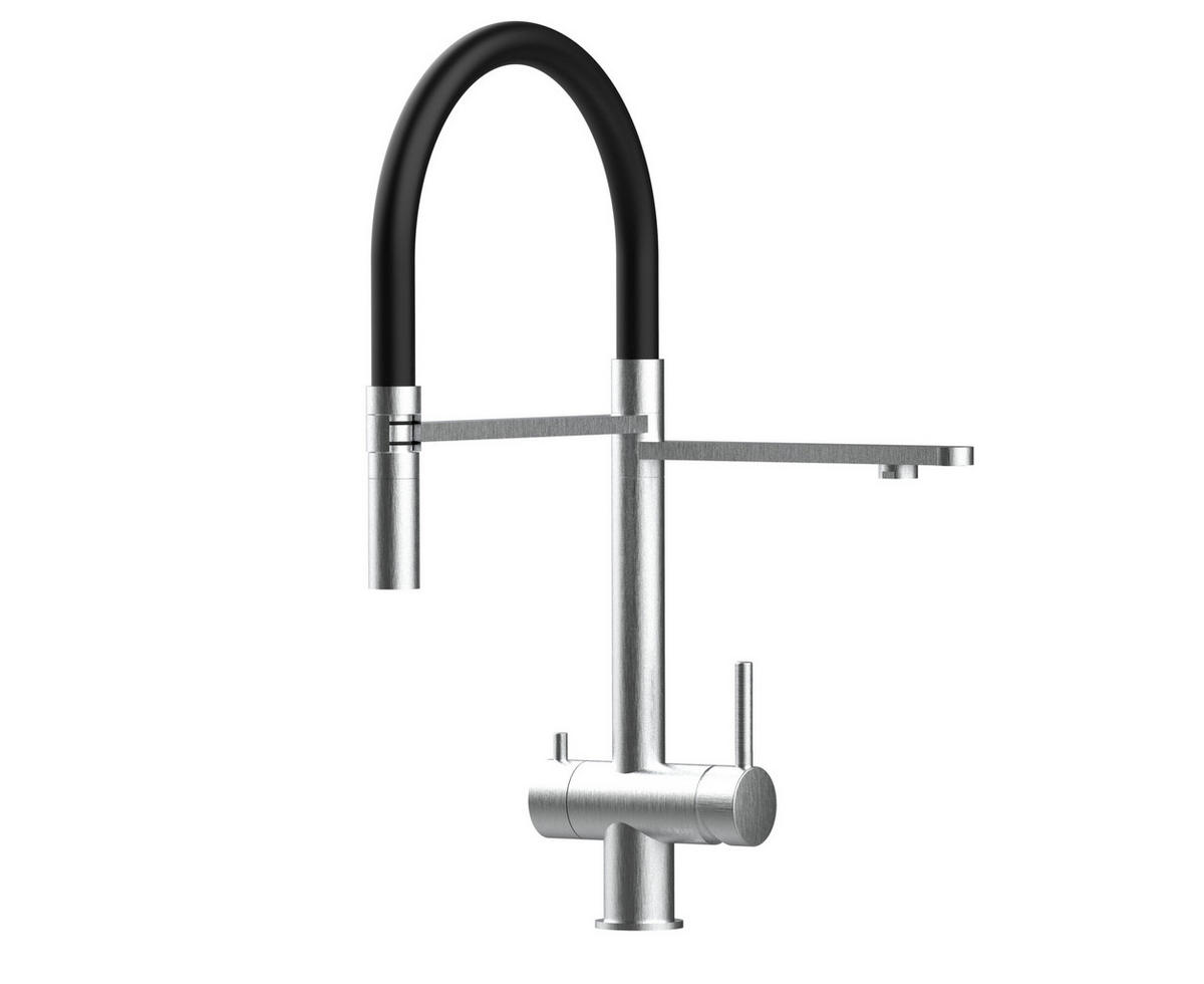 NIEDERDRUCK-3-WEGE-KÜCHENARMATUR, Edelstahl Massiv aus Chirurgenstahl, Gebürstet und Schwarz, 2-Strahl-Brause - Schwarz, Metall (24/49/24cm) - VIZIO