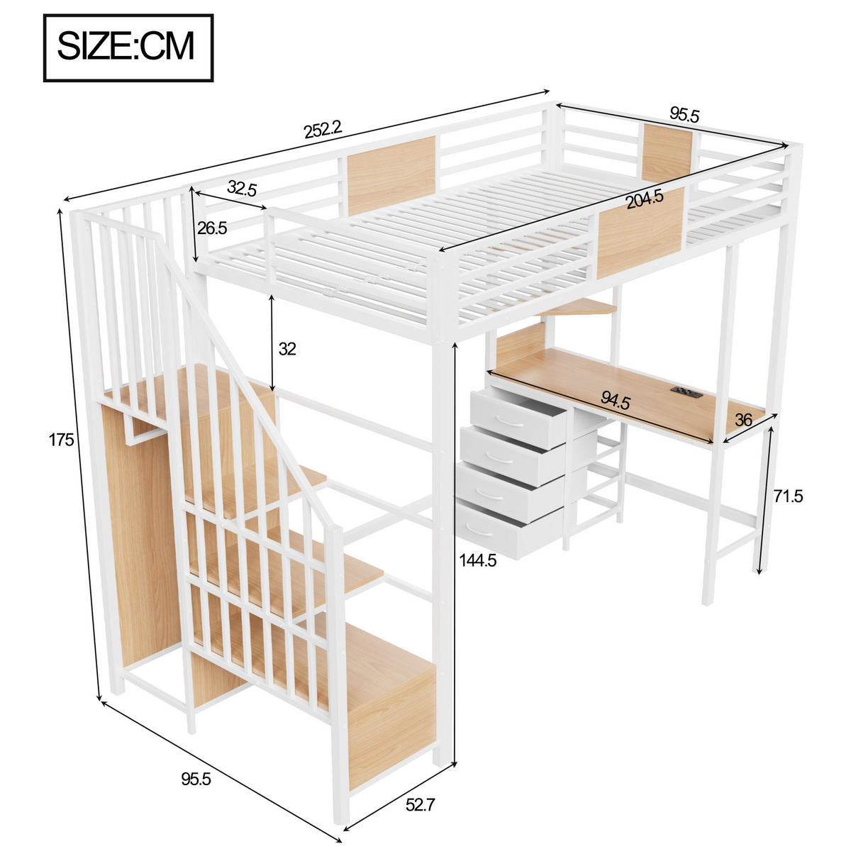 HOCHBETT 90/200 cm aus Metall mit Schreibtisch, Weiß - Weiß, Metall (90/200cm) - OKMYHOME