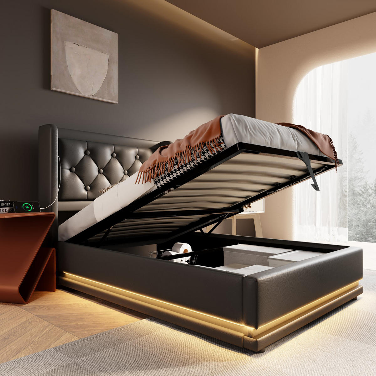 POLSTERBETT 90/200 cm Schwarz PU mit hydraulischem Stauraum und USB-Anschlüssen - Schwarz, Kunststoff (90/200cm) - OKWISH