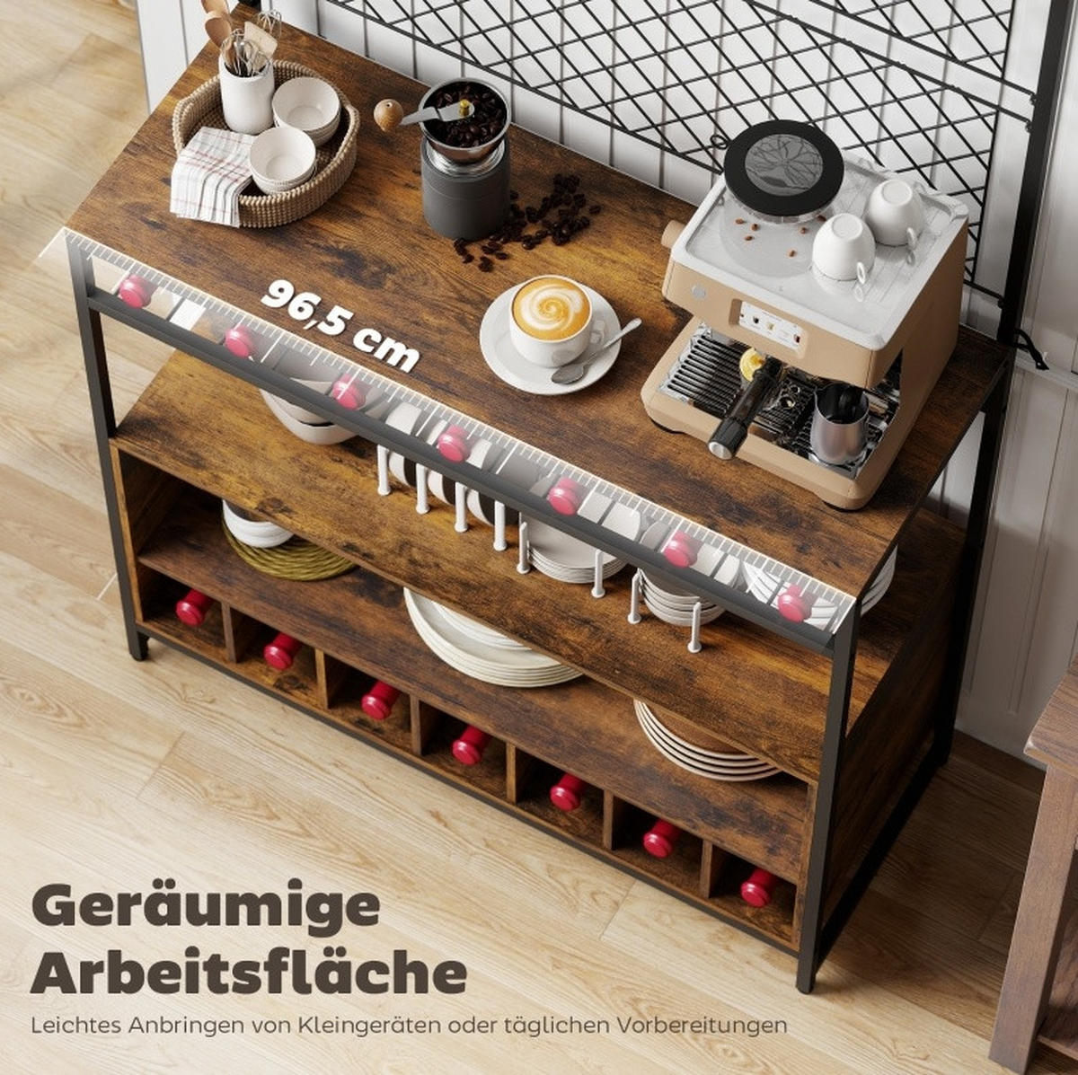 KÜCHENREGAL 96,5 cm in Rustikalbraun mit Weinregal und 5 Haken - Braun, Holz (96.5/165/38cm) - Flora Grace