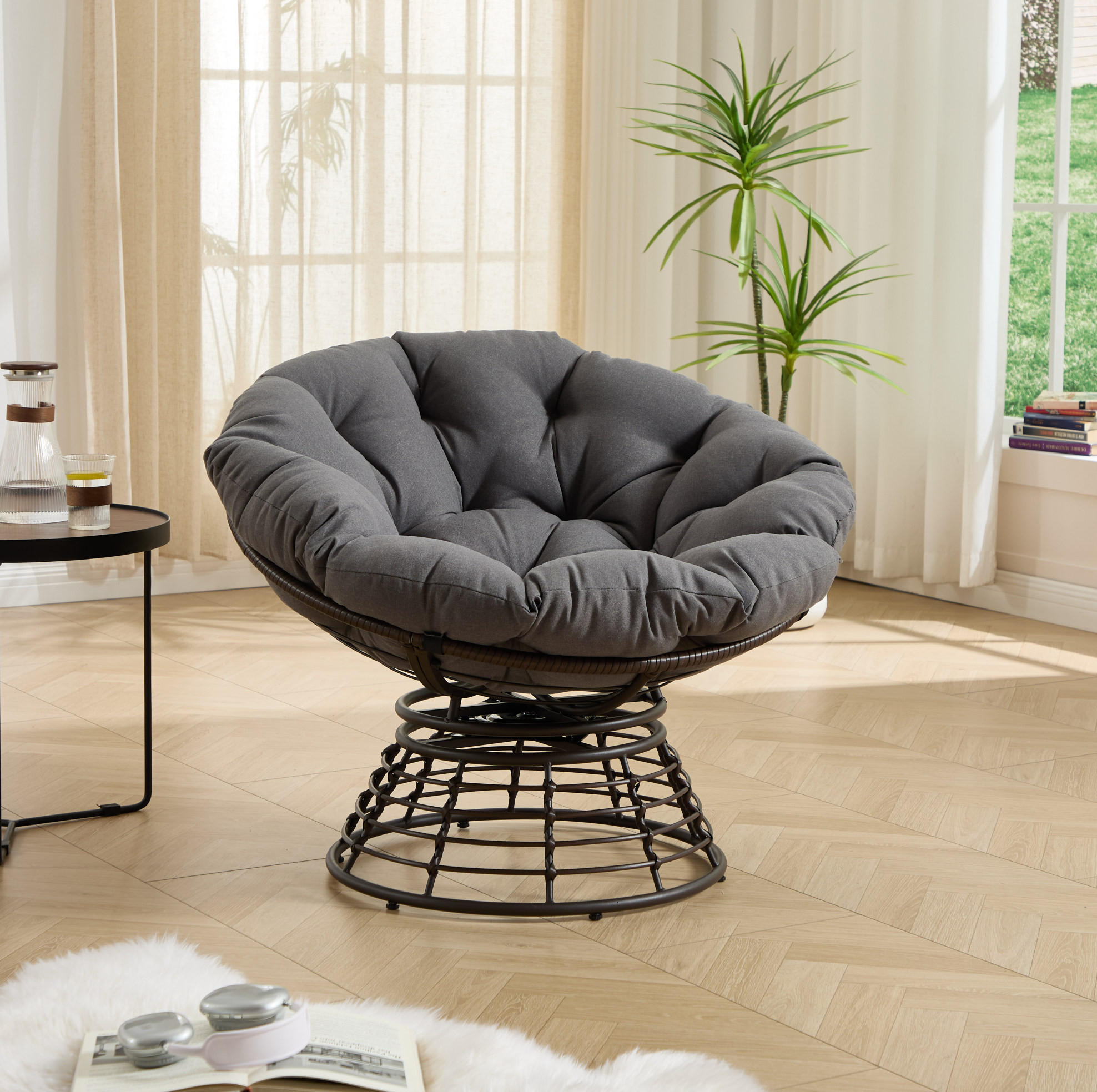 OTOČNÉ kreslo Papasan 92/92/67 cm hnedá a sivá s 360° otáčaním z ocele a PE ratanu - sivá, kov (92/67/92cm) - OKWISH