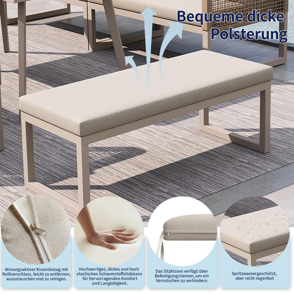 LOUNGESET 6-8 Personen PE-Rattan Beige Mit Hochwertigen Kissen - Beige, Metall - FLIEKS