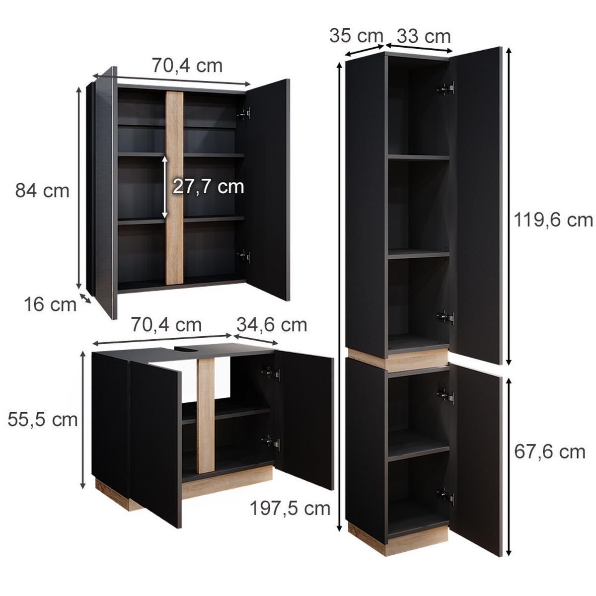 BADMÖBEL-SET Gloria Anthrazit 3 Teile, mit Hochschrank - Anthrazit/Sonoma Eiche, Holzwerkstoff (70/55/34cm) - Vicco
