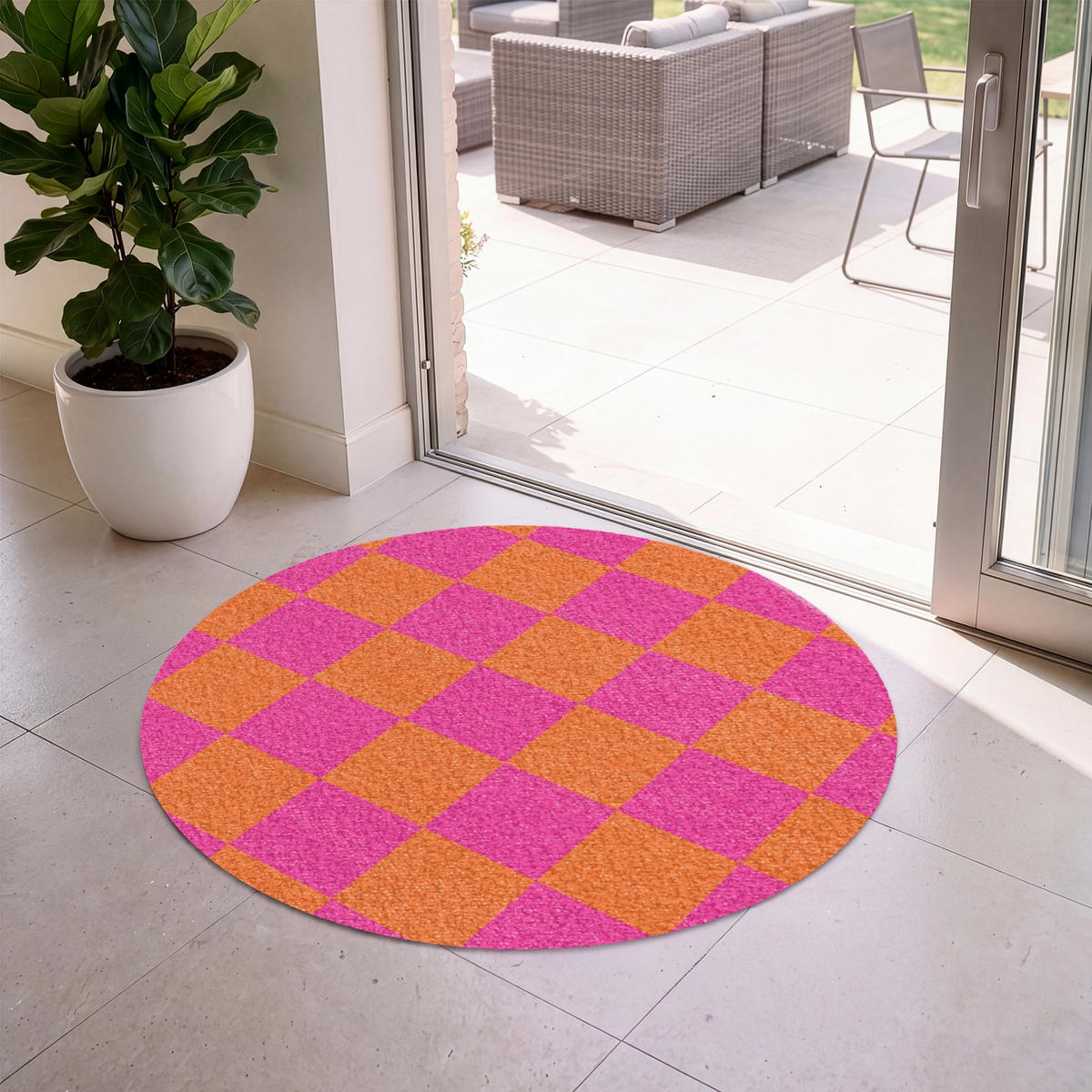 FUSSMATTE Schachbrettmuster - Orange - Rosa - Blöcke Schmutzfangmatte 120x120 cm - Pink, Kunststoff (120/120cm) - MuchoWow