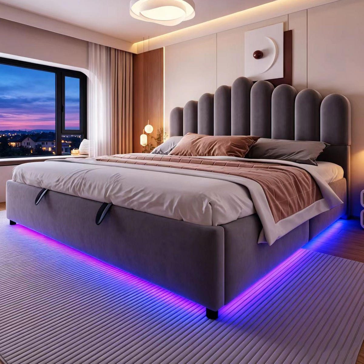 POLSTERBETT 180/200 cm aus Samt mit Stauraum und LED-Lichtleiste, Grau - Grau, Textil (180/200cm) - OKMYHOME
