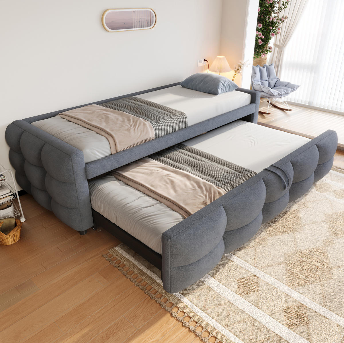 POLSTERBETT 90/180/190 cm Grau aus Teddy-Samtstoff mit Ausziehfunktion - Grau, Textil (90/190cm) - OKMYHOME