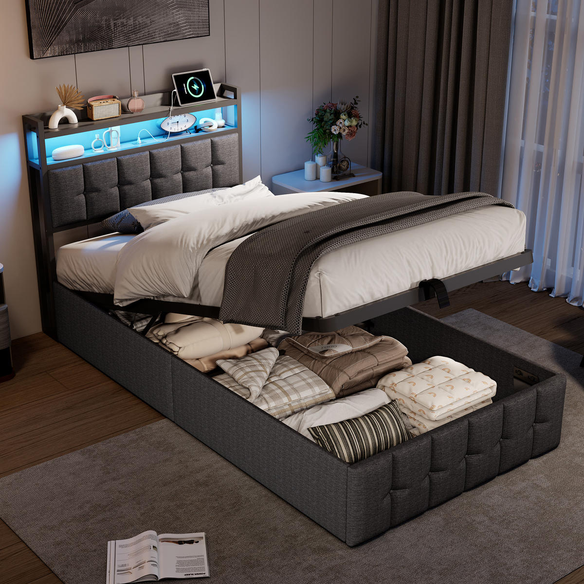 POLSTERBETT 90/200 cm,Einzelbett Grau aus Leinen, mit Stauraum, LED-Beleuchtung&USB-Ladefunktion - Naturfarben/Grau, Holz/Metall (90/200cm) - FURNISHINGS HOME