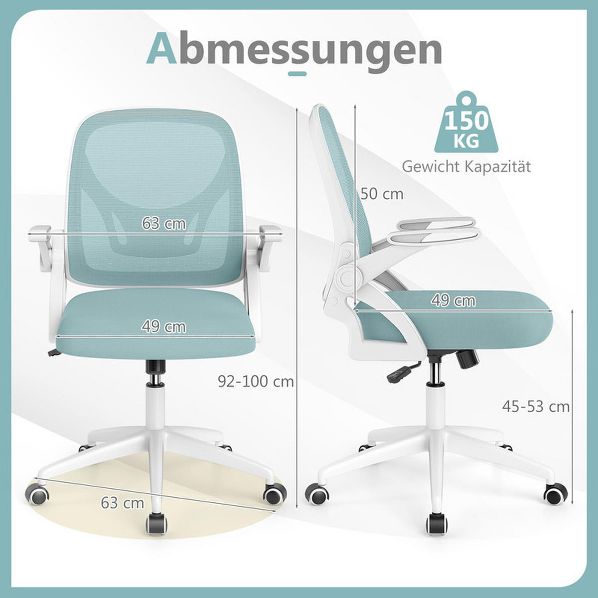 BÜROSTUHL mit klappbaren Armlehnen und Wippfunktion blau - Blau, Metall (63/92/63cm) - COSTWAY