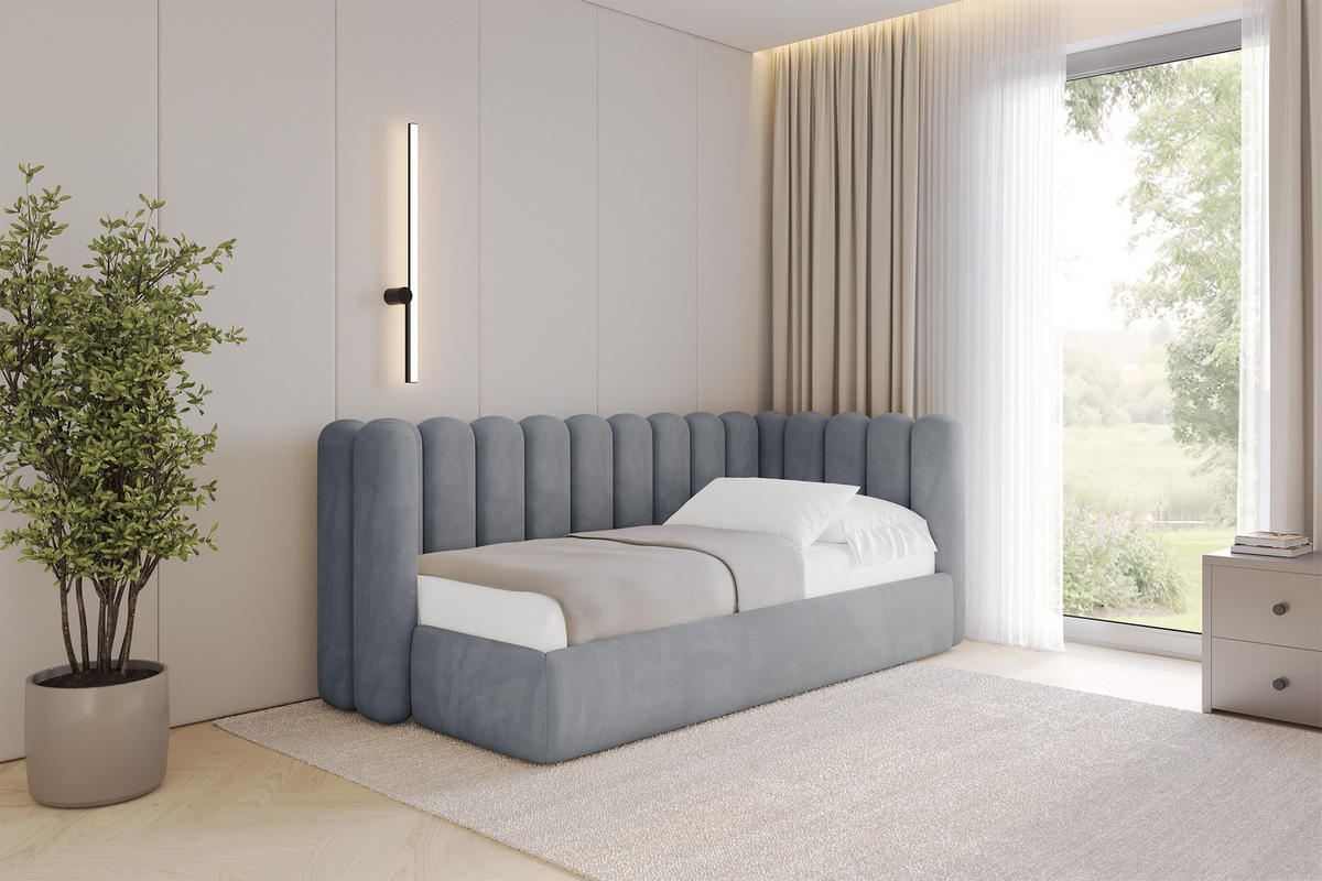 EINZELLBETT Jugendbett mit Bettkasten und Matratze H3/H4, Links - HUGY 100x200 Grau - Grau, Holzwerkstoff/Textil (100/200cm) - ALTDECOR