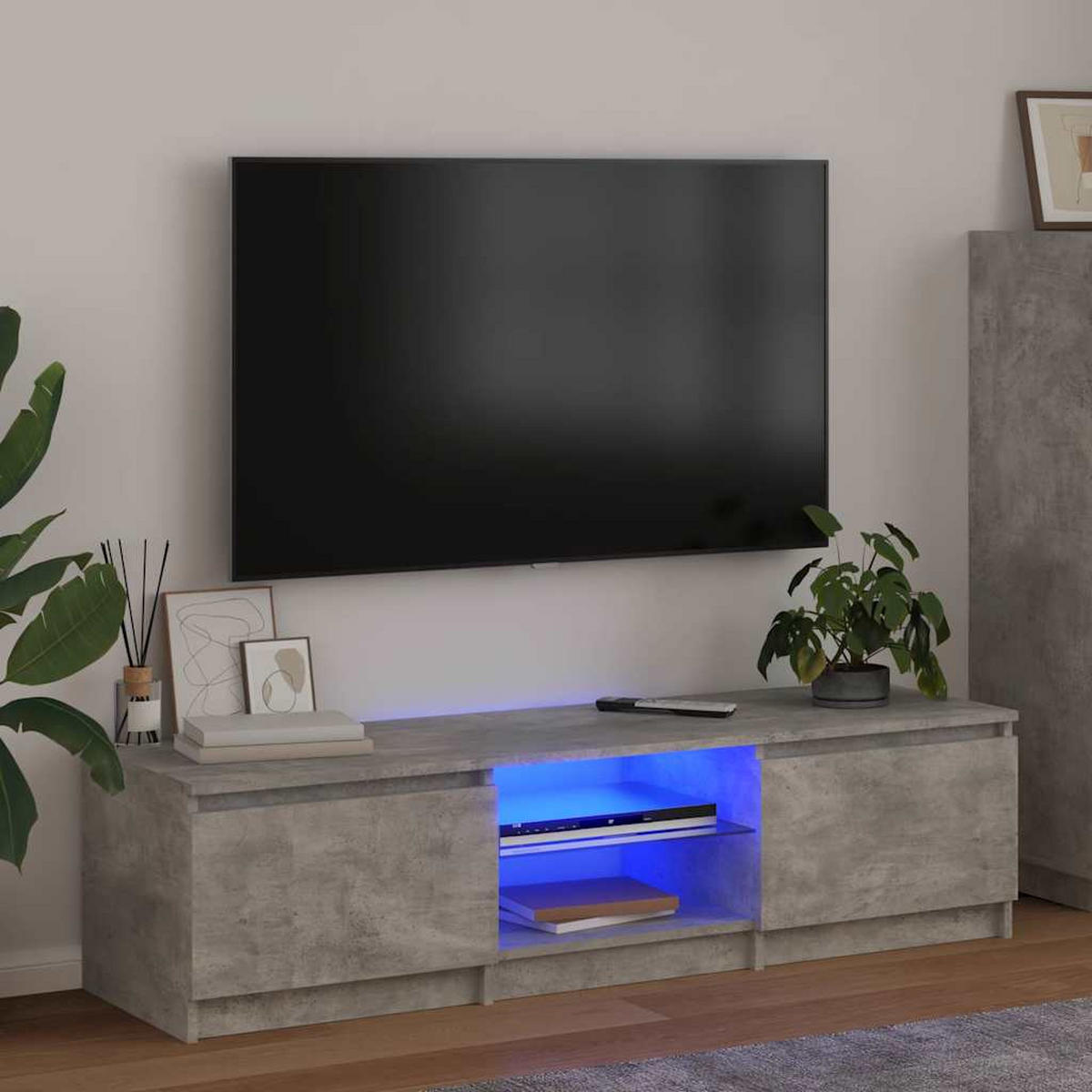 LOWBOARD mit LED und 2 Türen, 140/40/60cm, aus Holzwerkstoff, in Betongrau - Hellgrau/Grau, Holz (40/36/140cm) - vidaXL
