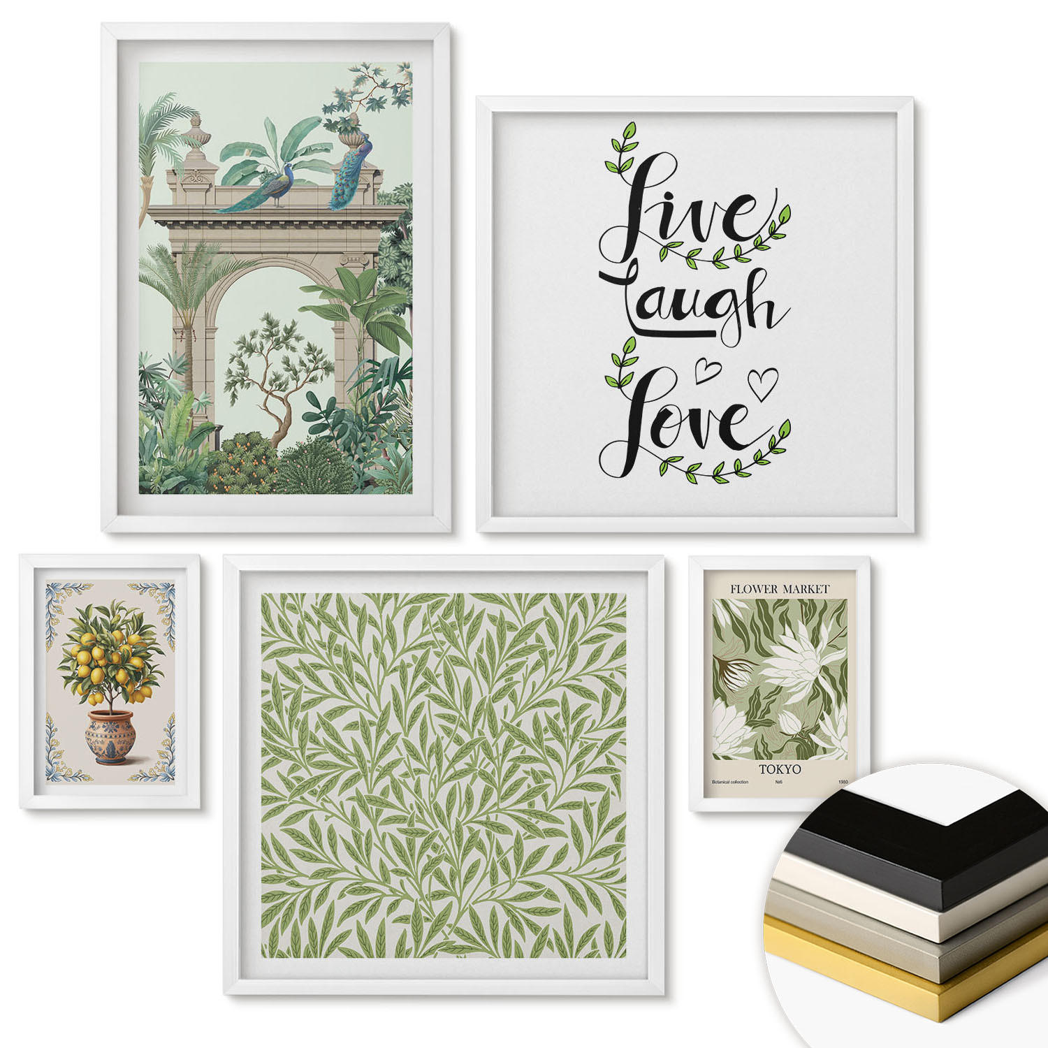 WANDBILDER 5er-Set - 50x50 cm & 20x30 cm & 40x60 cm Weißer Rahmen - Grüne Blätter exotischer Pflanzen - Weiß, Kunststoff (40/60cm) - ArtPrintCave