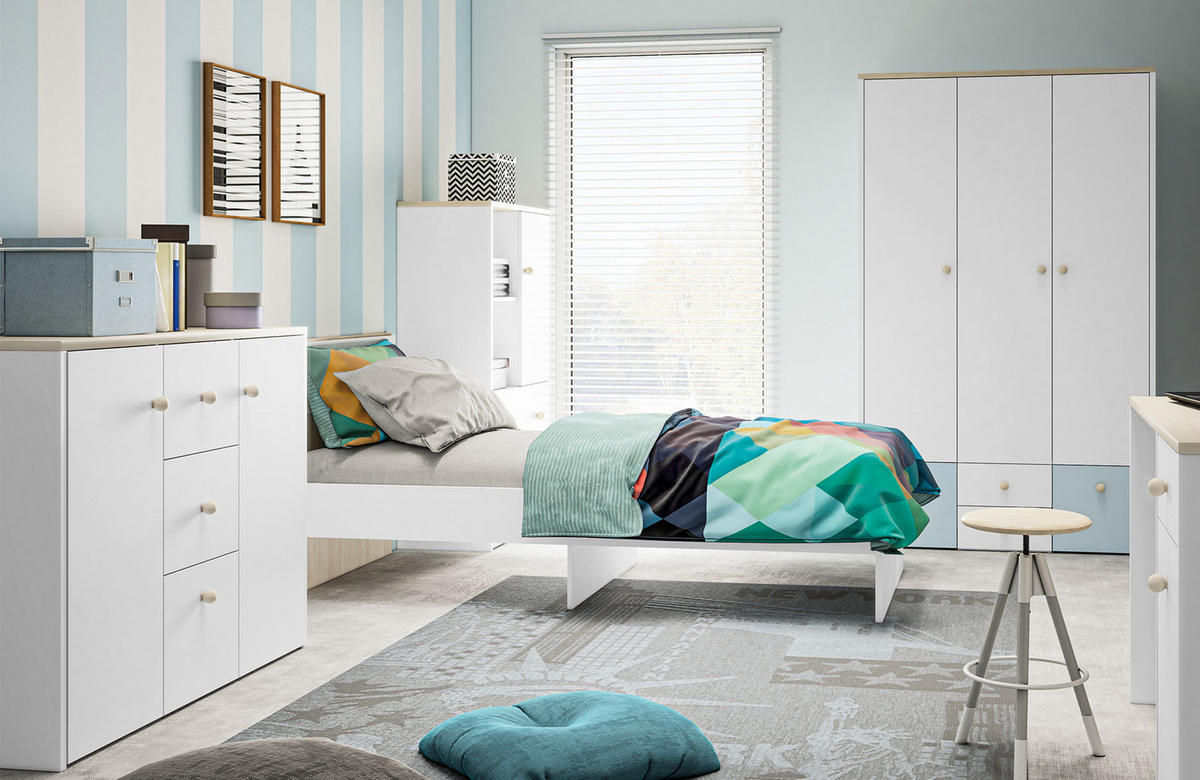 BETT Elmo weiß / Buche 95 / 205 / 88cm - Buchefarben/Weiß, Holz/Holzwerkstoff (90/200cm) - Feldmann-Wohnen