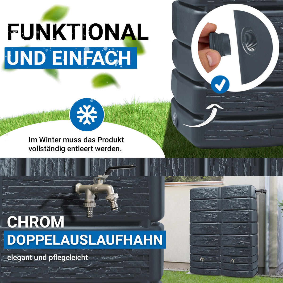 REGENTONNEN Wandtank-SET Komplett-Set 1000 L, graphite grey 2 x 500 L, inkl. Verbinder und Fallrohranschluss - Grau, Kunststoff (51/184/150cm) - 4rain