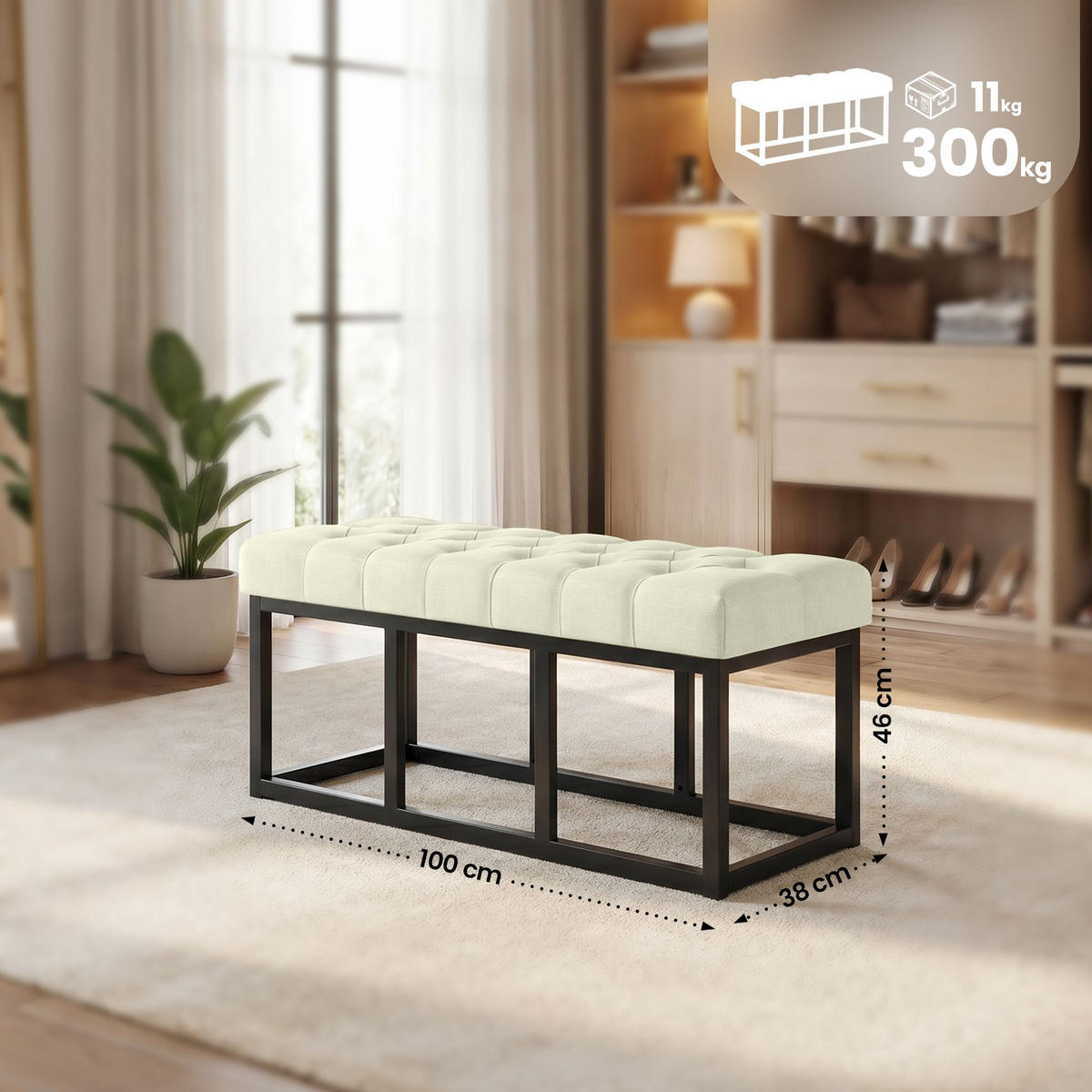 SITZBANK 100/38 cm Stoff Creme - Creme/Schwarz, Textil/Metall (100/46/38cm) - CLP