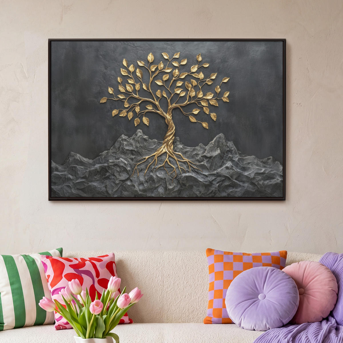 LEINWAND Bilder mit Rahmen - Blätter - Gold - Baum - Fels - 90x60 - Schwarz, Textil (90/60cm) - MuchoWow