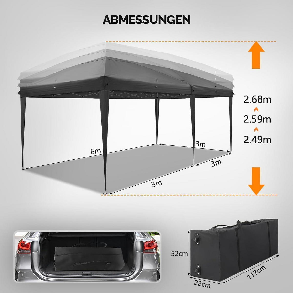 FALTPAVILLON 3 x 6 m Grau mit 6 Seitenteilen - Grau, Metall (300/268/600cm)