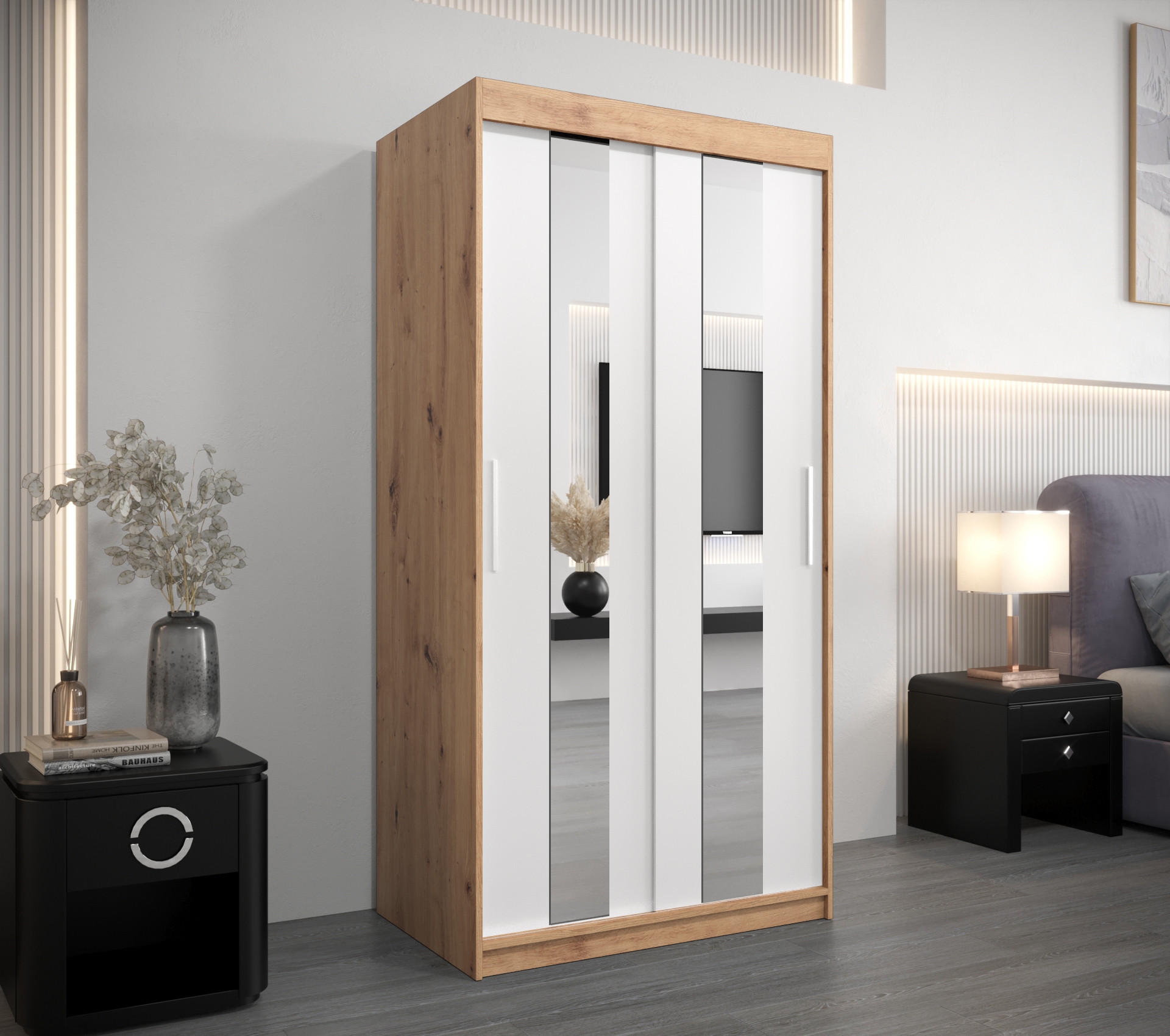 SCHWEBETÜRENSCHRANK 200/100/62 2-türig - Silberfarben/Weiß, Holz/Kunststoff (100/200/62cm) - Abiks Möbel