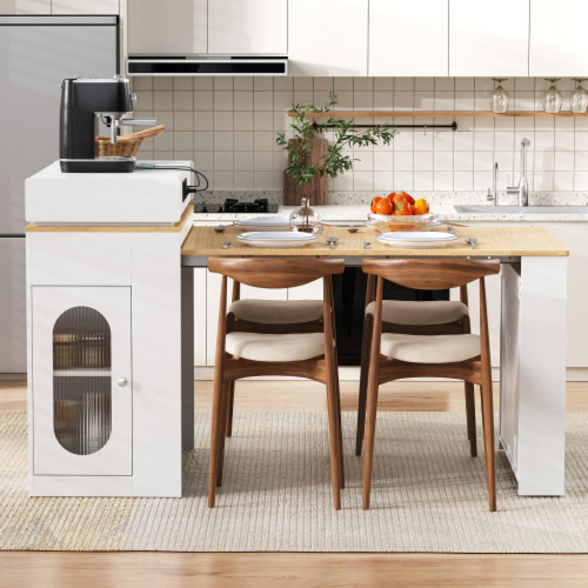 SIDEBOARD mit Riffelglastüren weiß 83×46-146,5×96 cm aus MDF und Glas - Weiß, Holzwerkstoff (83/96/146.5cm) - Luhomfu