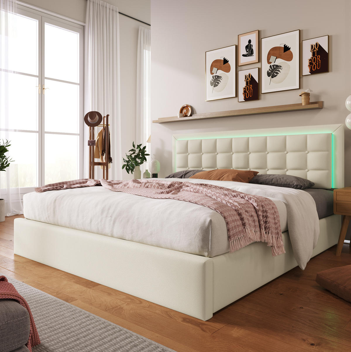 POLSTERBETT mit LED-Beleuchtung 160/200 cm mit Bettkasten & gepolstertem Kopfteil - Weiß, Kunststoff (160/200cm) - BEAOK