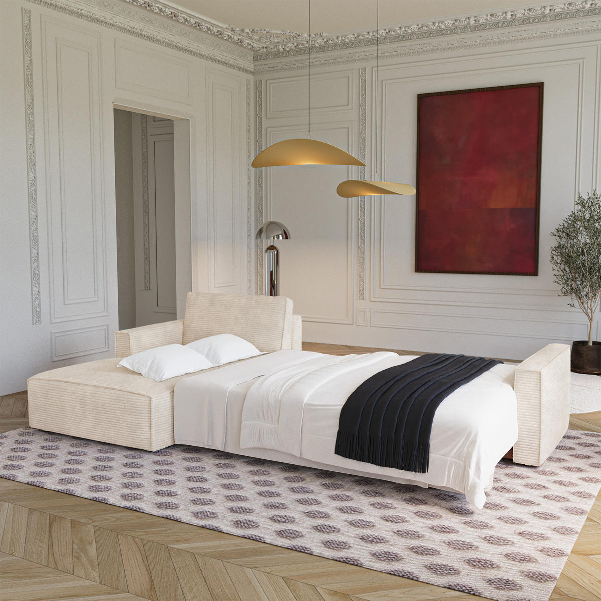 LINKSECK-SCHLAFSOFA mit Stauraum Cord Creme 297cm - Creme, Textil (297/167cm) - Premium Interiors