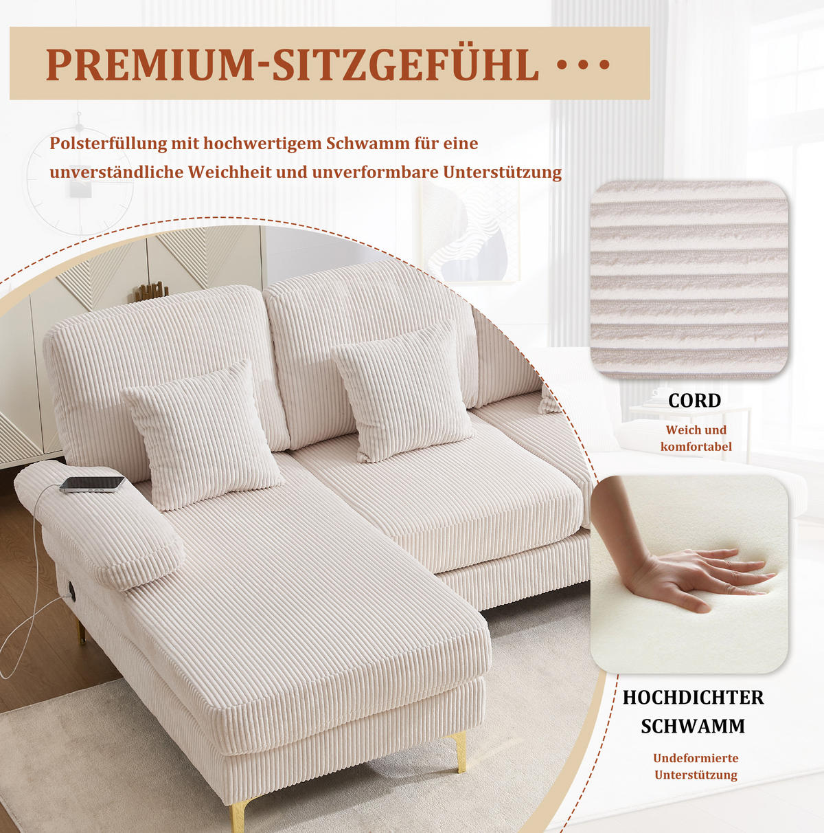 WOHNLANDSCHAFT 265/135/88 cm in Beige mit LED-Beleuchtung und USB-Anschluss - Beige, Textil (135/88/265cm) - Flora Grace