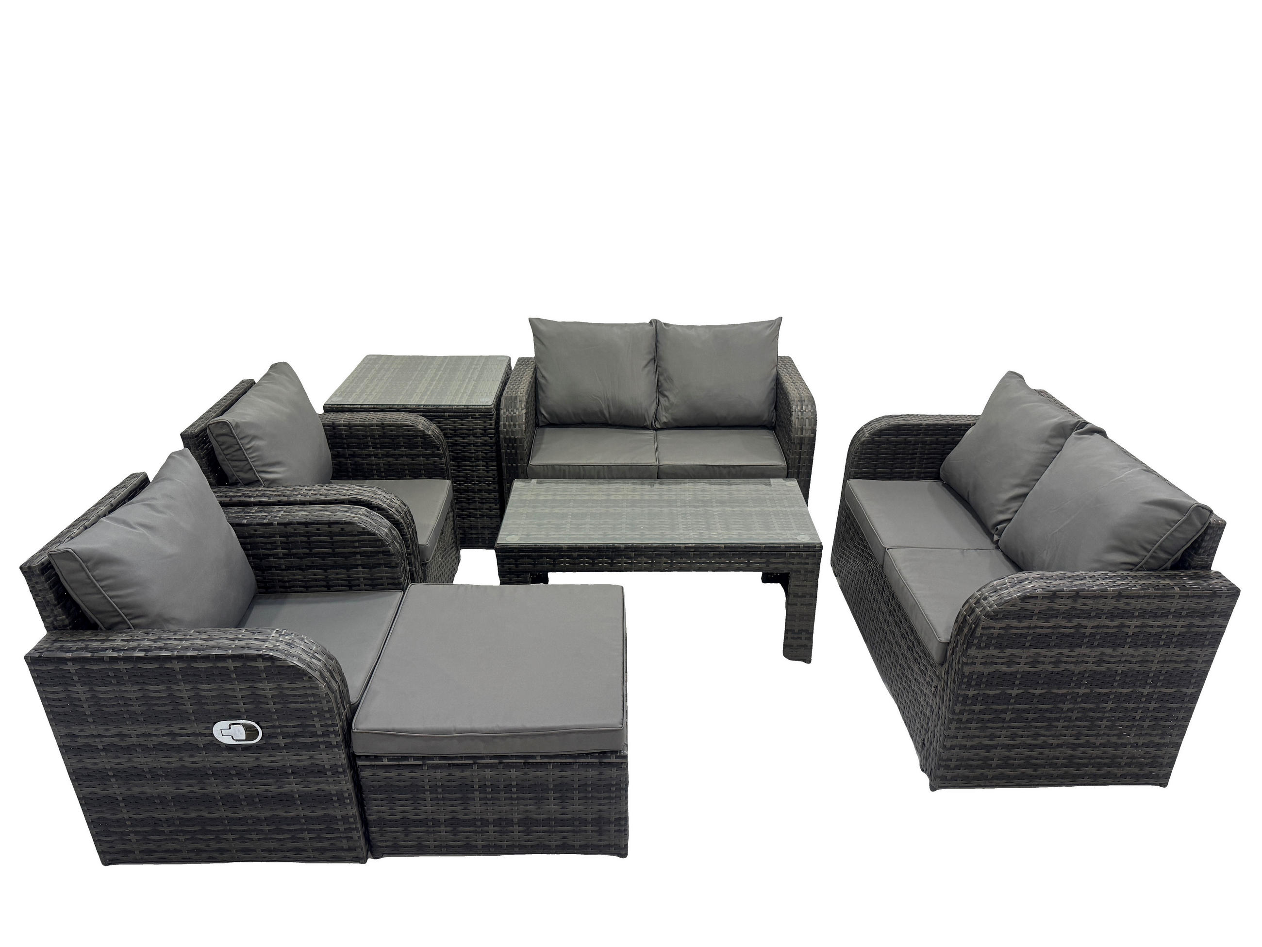GARTENSOFA SET mit LIEGESTUHL Polyrattan 7-Sitzer Dunkelgrau - Dunkelgrau/Grau, Glas/Kunststoff - Fimous