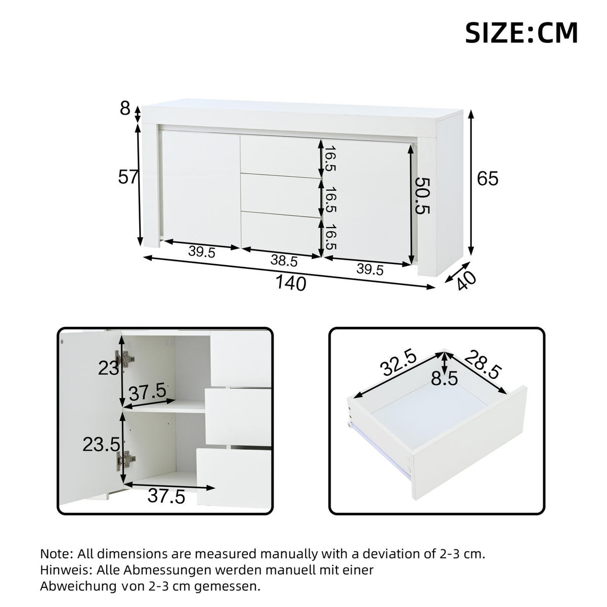 SIDEBOARD 140/40/65 cm in Weiß mit 2 Türen, 3 Schubladen und LED-Beleuchtung - Weiß, Holzwerkstoff (140/65/40cm) - Flora Grace